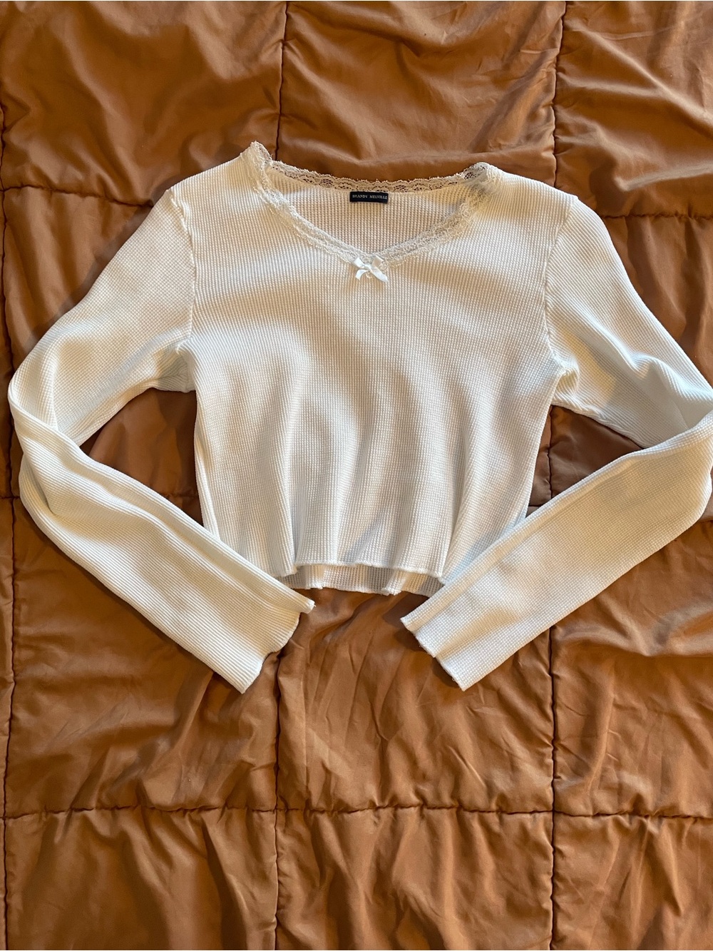 Brandy Melville White Waffle Knit Lace-Trim Long Sleeve Top